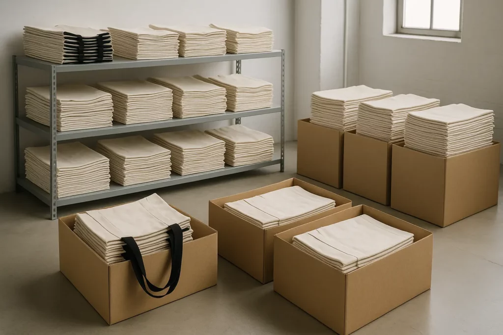 Bulk canvas tote bags organized in a factory setting, representing direct factory pricing from a professional tote bag manufacturer