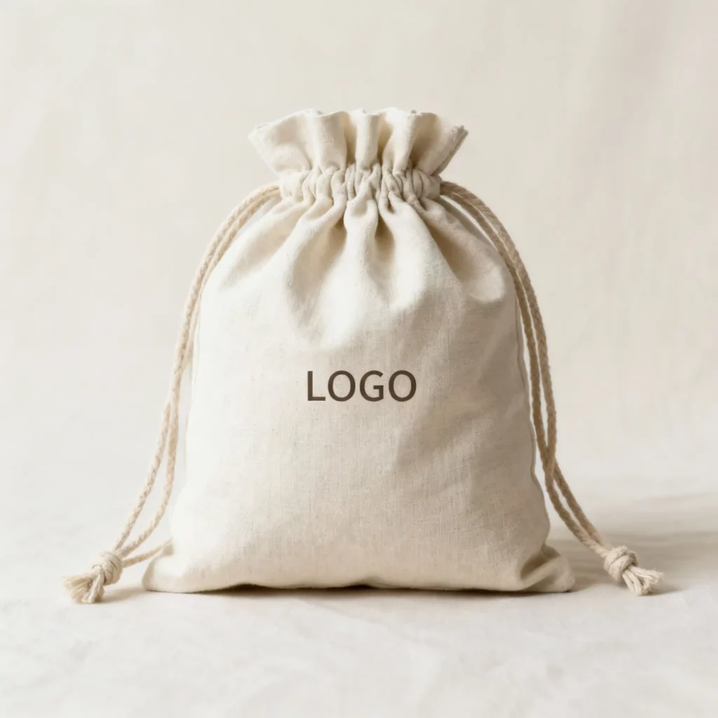 Drawstring pouch showing a simple printed LOGO for custom branding demonstration.