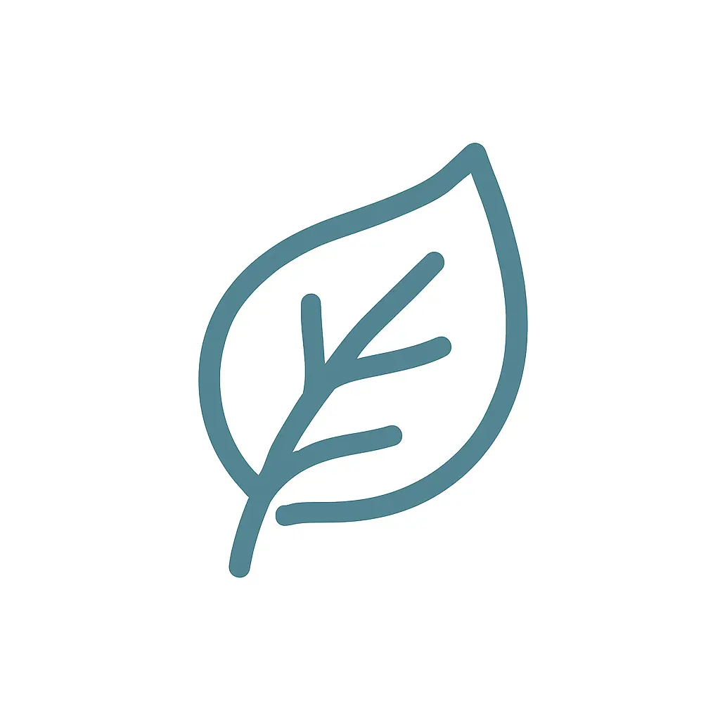 Eco-friendly materials leaf icon in blue (#7695A8) on a clean white background