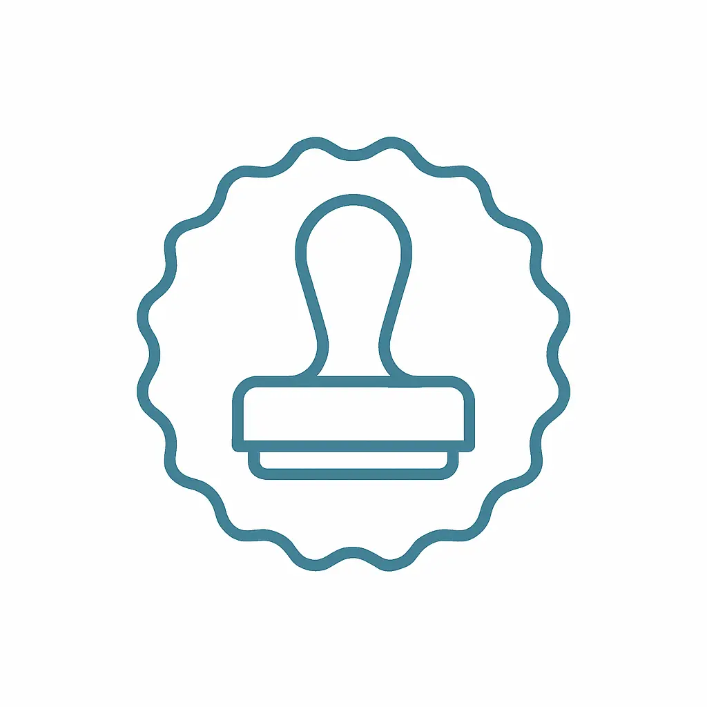 Minimal flat vector icon of a premium stamp representing expert custom printing, clean smooth outline, stroke color #7695A8, no text, no logo, no shading, placed on a pure white #FFFFFF background, centered, high-end minimalist style.