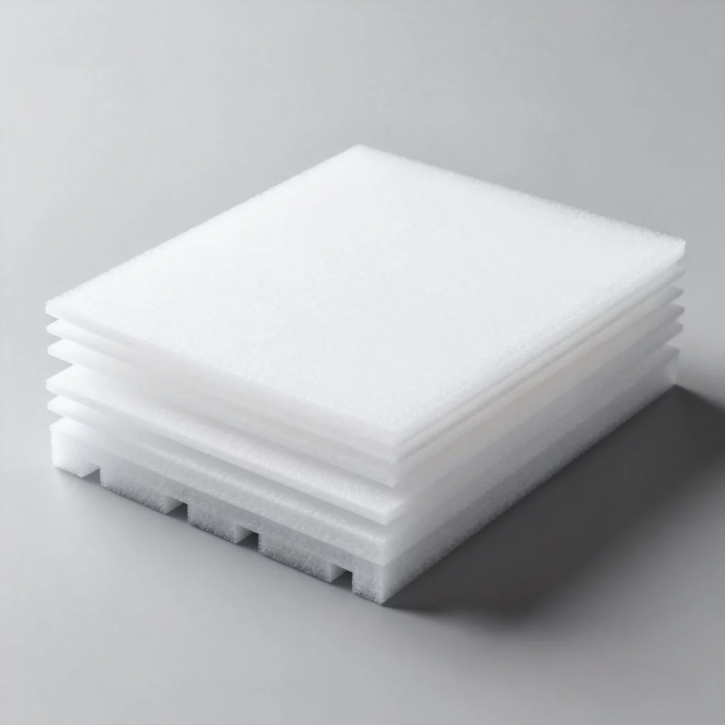 Lightweight fabricated white PE foam inserts used for medical device and fragile item protective packaging.