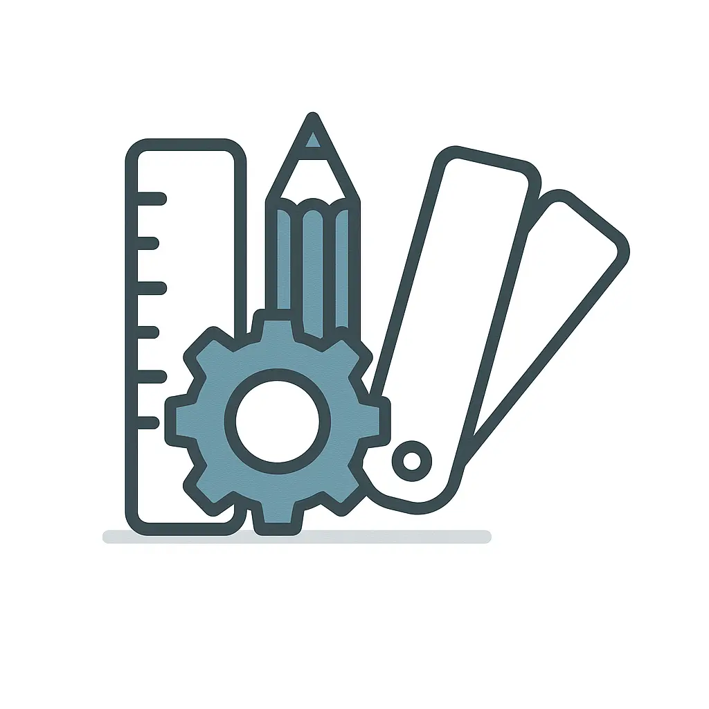 Icon representing full customization with a ruler, pencil, gear, and material sample in #7695A8.