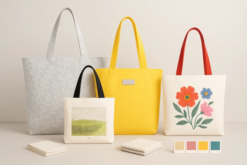 Customized tote bags in different sizes, colors, and printing styles, showing PMS color matching and full tote bag customization options