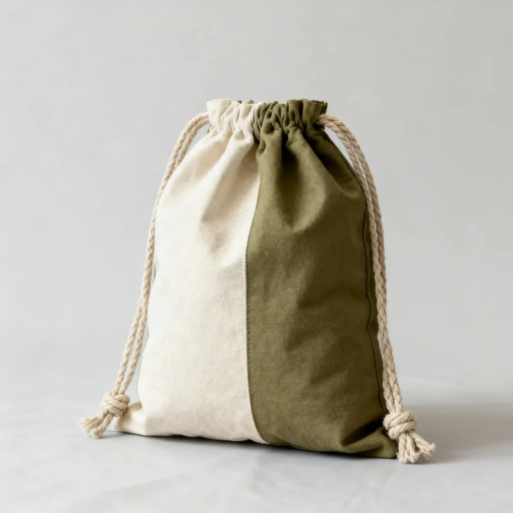 Heavy-duty canvas drawstring pouch made from thick, durable fabric for tools, parts, or outdoor gear.