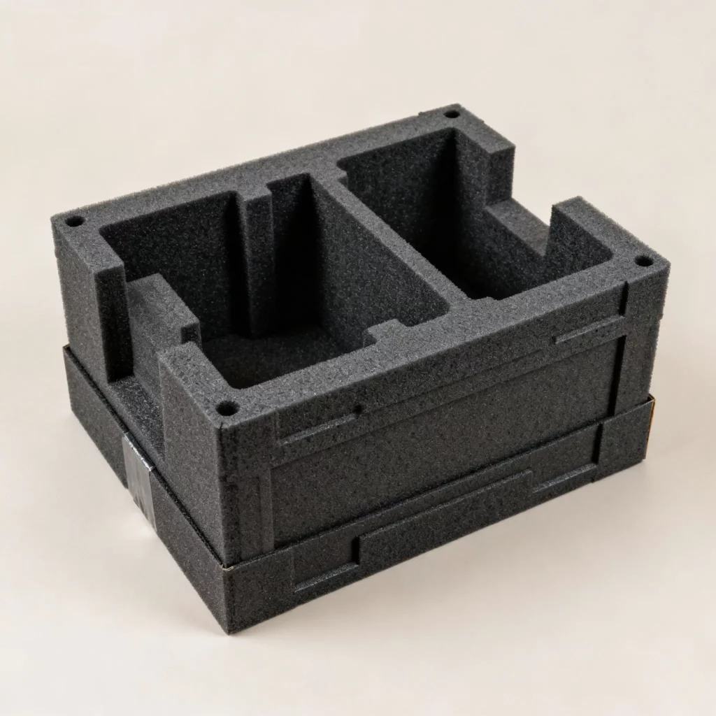 Heavy-duty protective foam insert for shipping boxes, made from high-density foam with reinforced die-cut cavities for transit protection.