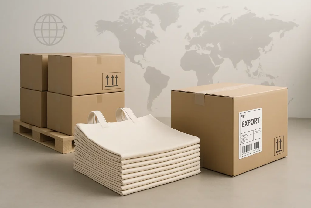 Bulk tote bags prepared for shipment with global export elements, representing low MOQ and worldwide delivery capabilities