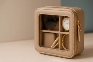 Luxury stitched accessory box in soft beige leather with elegant stitching and gold zipper, designed for organizing sunglasses, watches, and small fashion items.