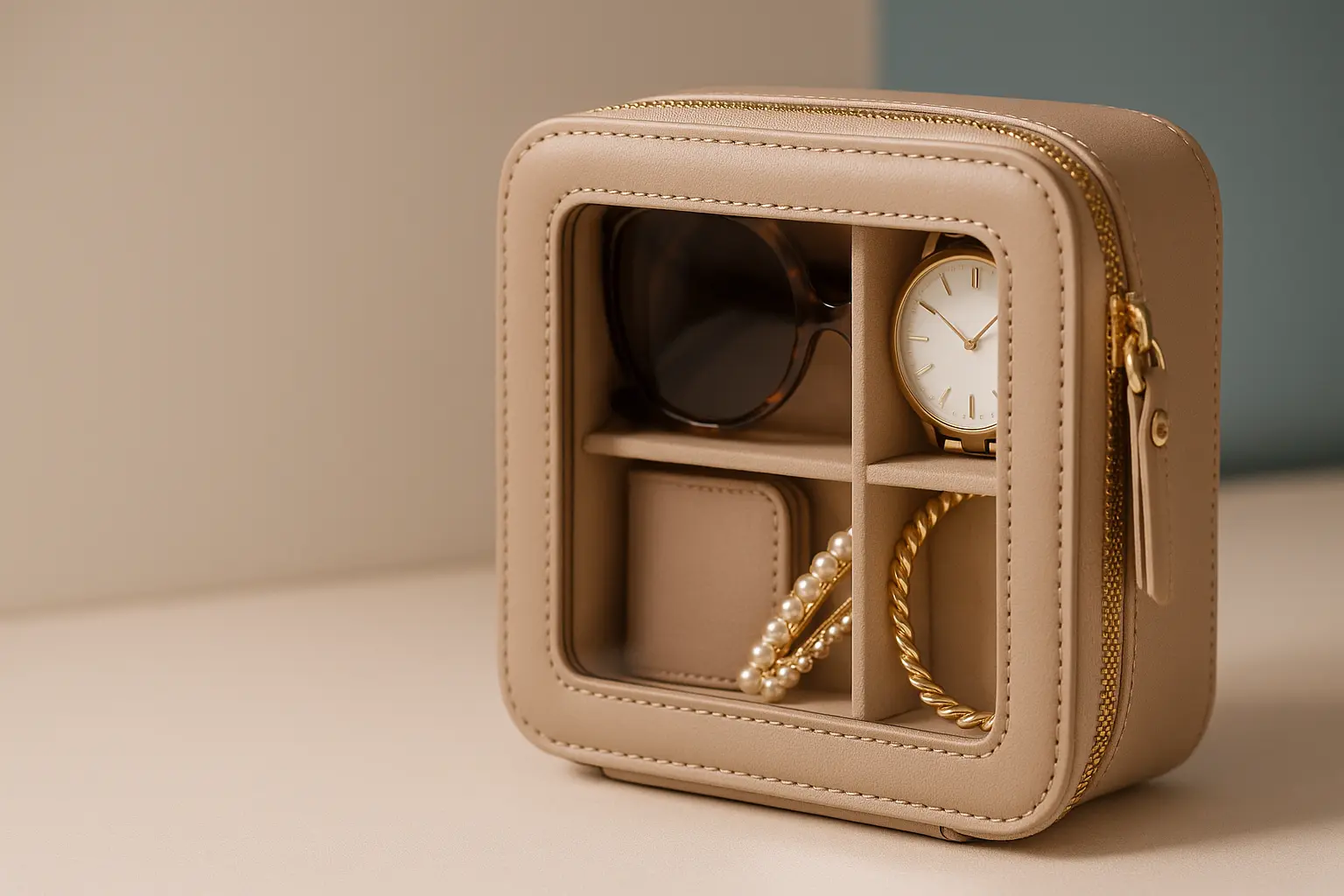 Luxury stitched accessory box in soft beige leather with elegant stitching and gold zipper, designed for organizing sunglasses, watches, and small fashion items.