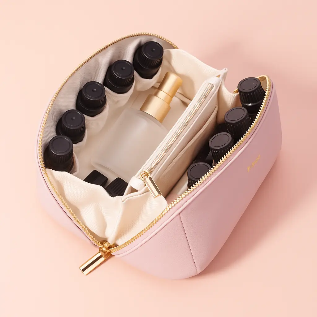 Pink makeup organizer bag with elastic bottle holders and central zipper compartment, designed for smart cosmetic storage.