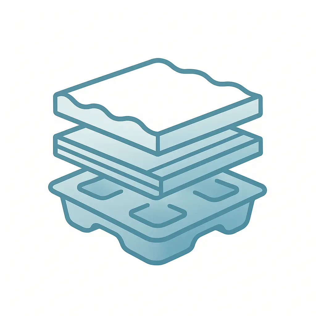 Material expertise icon featuring foam, cardboard, and pulp layers for packaging inserts in #7695A8 theme.