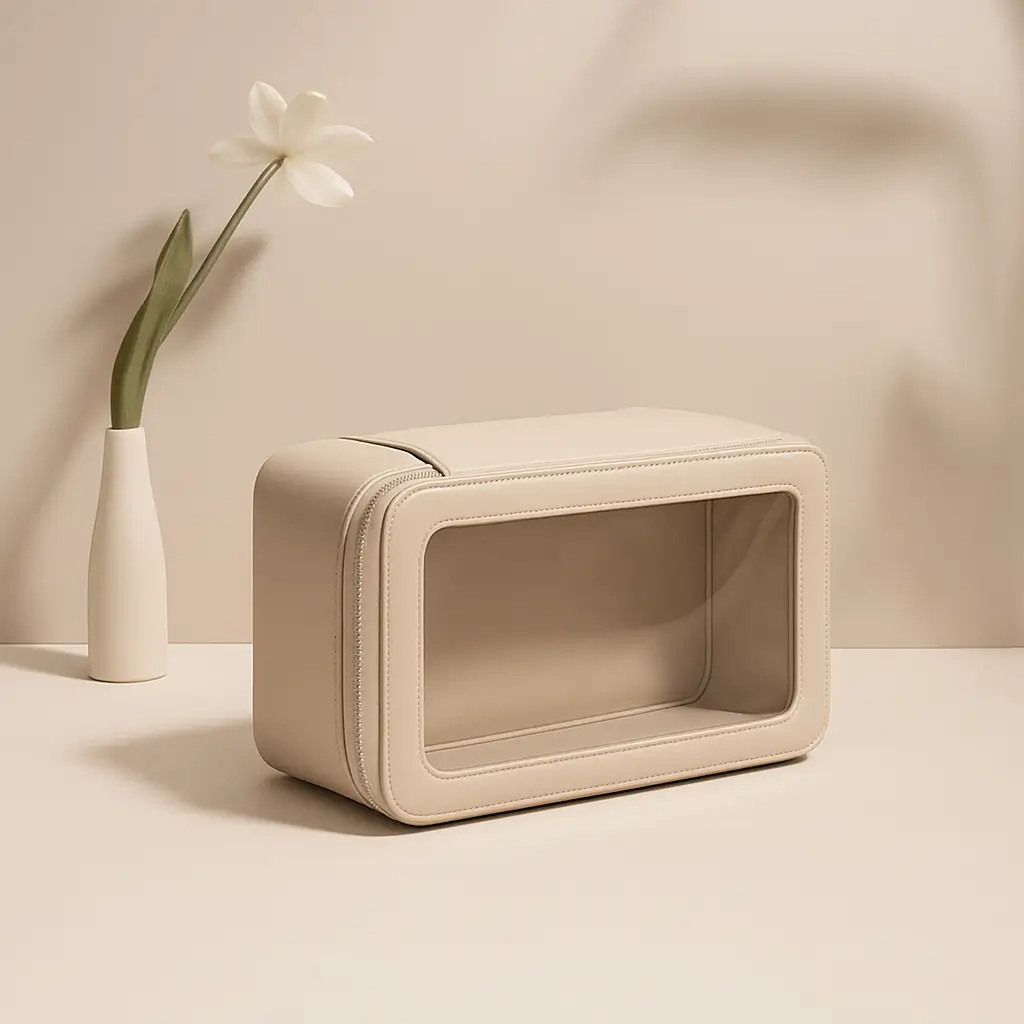 Monochromatic vegan leather box with tone-on-tone stitching, designed for luxury skincare or premium personal tech packaging in a minimalist high-end style.