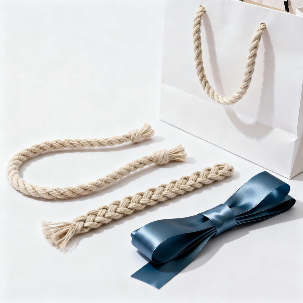 Rope handles and ribbon handles for gift bags, including cotton rope and satin ribbon styles displayed naturally on a flat surface.