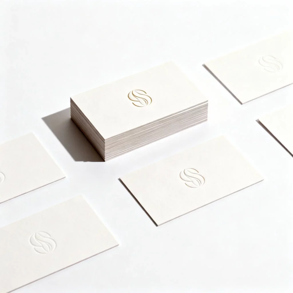 Premium business cards arranged in a clean studio layout with soft natural lighting.