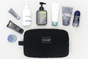 Private label cosmetic bag displayed with skincare and makeup products for beauty brands.