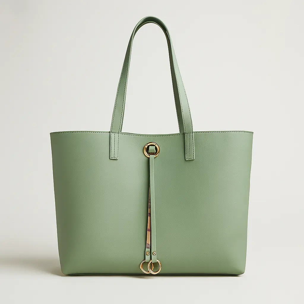 Green vegan leather tote bag with gold accents, premium private label PU tote design