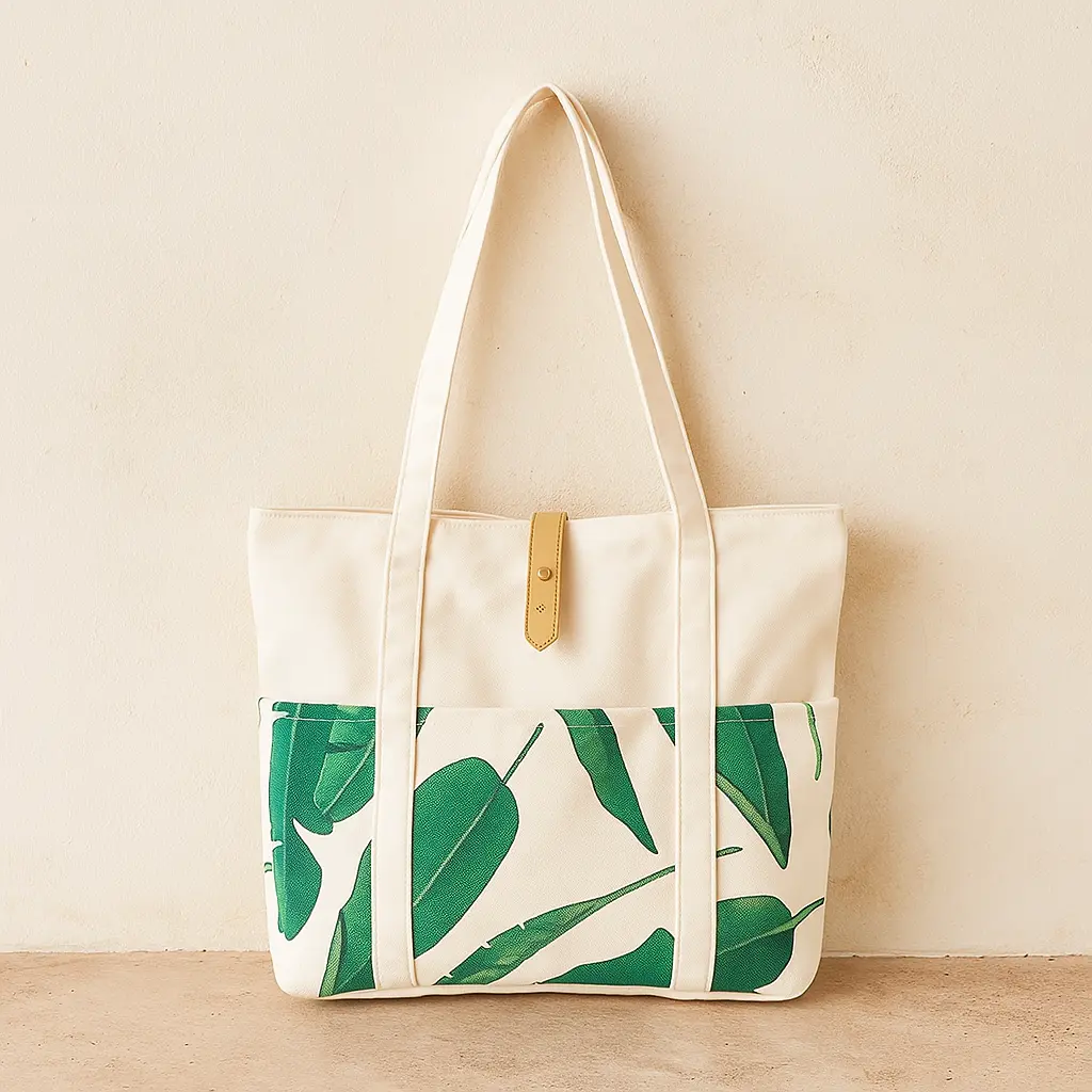 White recycled RPET tote bag with green leaf print, customizable eco-friendly tote design
