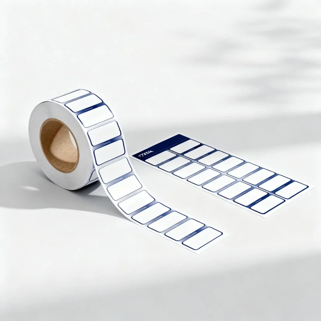 Roll stickers and sheet labels for packaging shown in a clean studio arrangement.