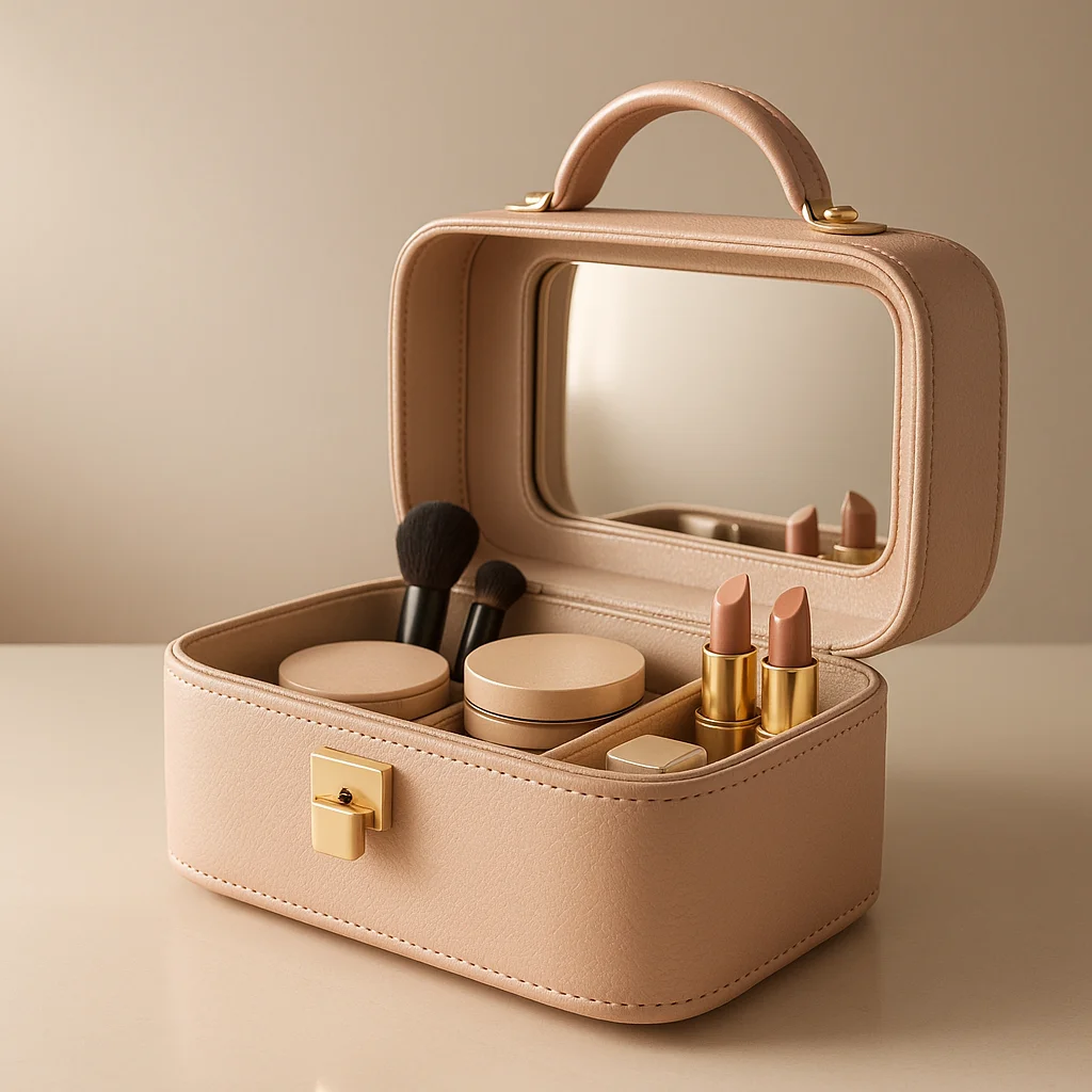 Stitched vanity makeup case with mirror and handle