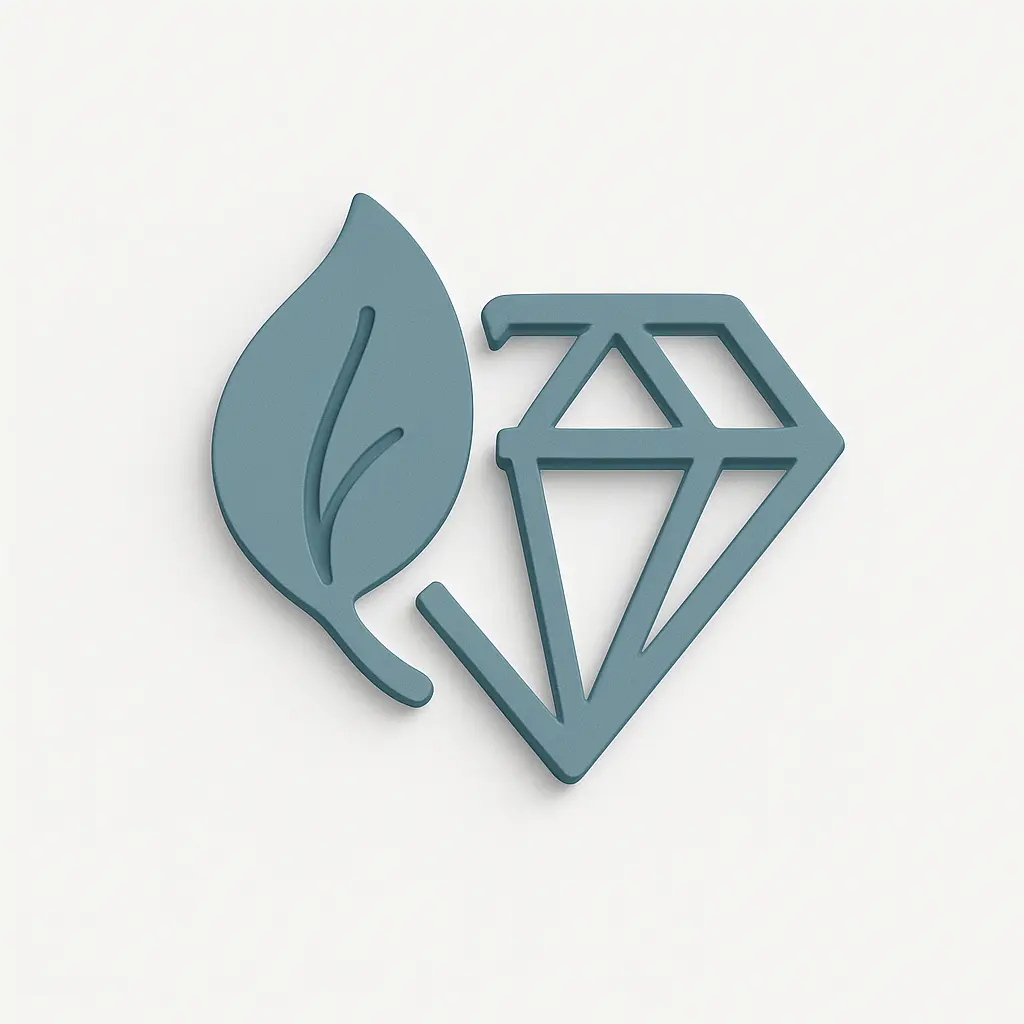 Leaf and diamond icon representing sustainable luxury in vegan stitched packaging with recycled materials