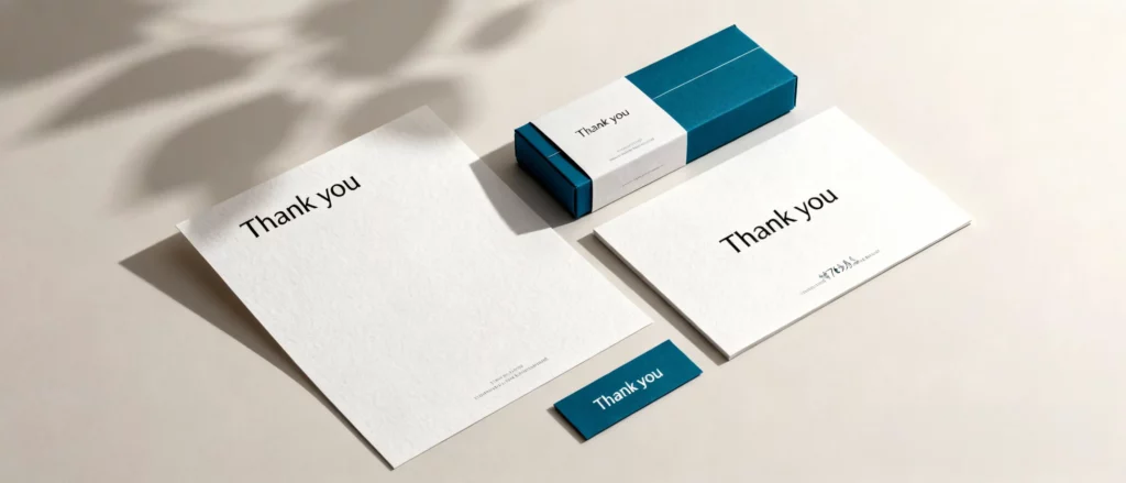 Minimal thank-you cards and printed inserts used for branded packaging, displayed in a clean studio layout.