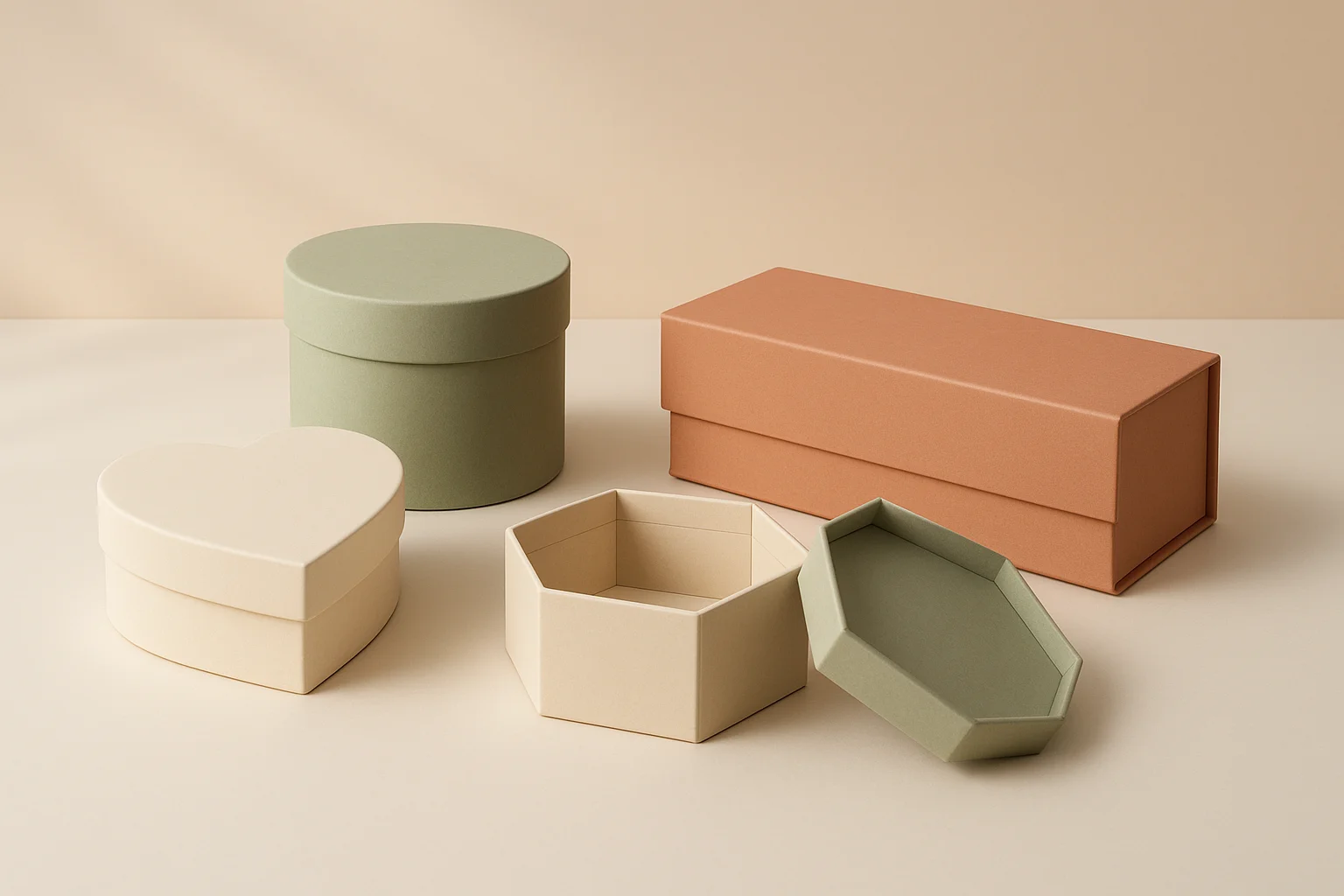 Collection of custom-shaped rigid boxes including heart, round, hexagonal, and rectangular designs, showcasing premium luxury packaging construction.