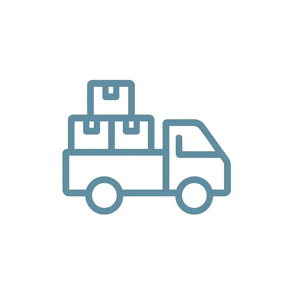 Wholesale and bulk orders truck icon in blue (#7695A8) on a white background