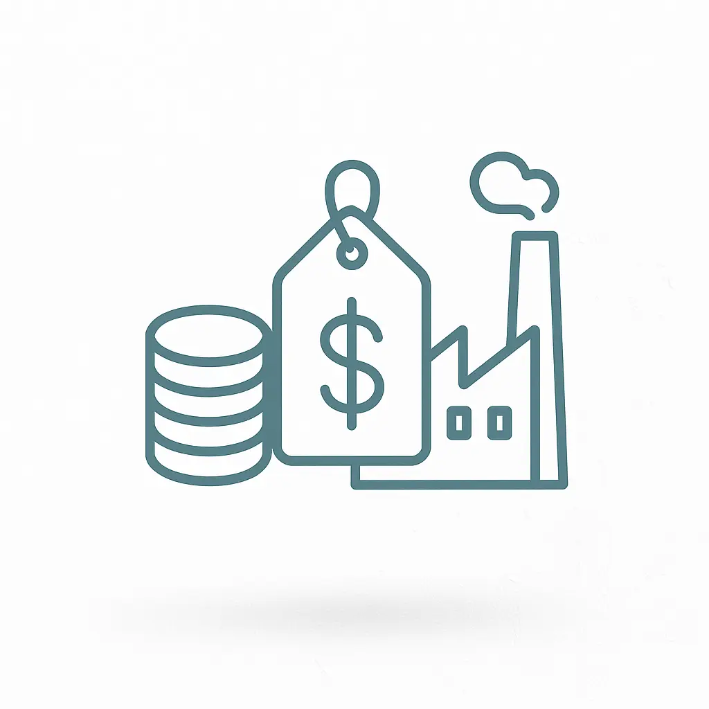 Icon symbolizing wholesale direct pricing with coins, a price tag, and a factory outline accented in #7695A8.