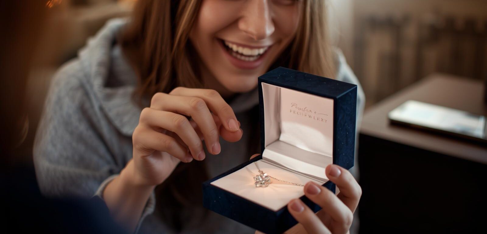 Customer happily unboxing a custom jewelry gift box and sharing it on social media