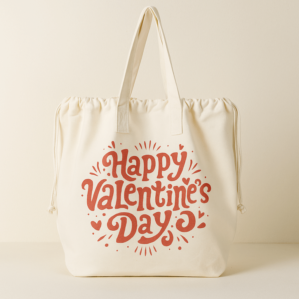 Custom canvas tote bag with Happy Valentine’s Day print, eco-friendly reusable gift bag for holiday promotions