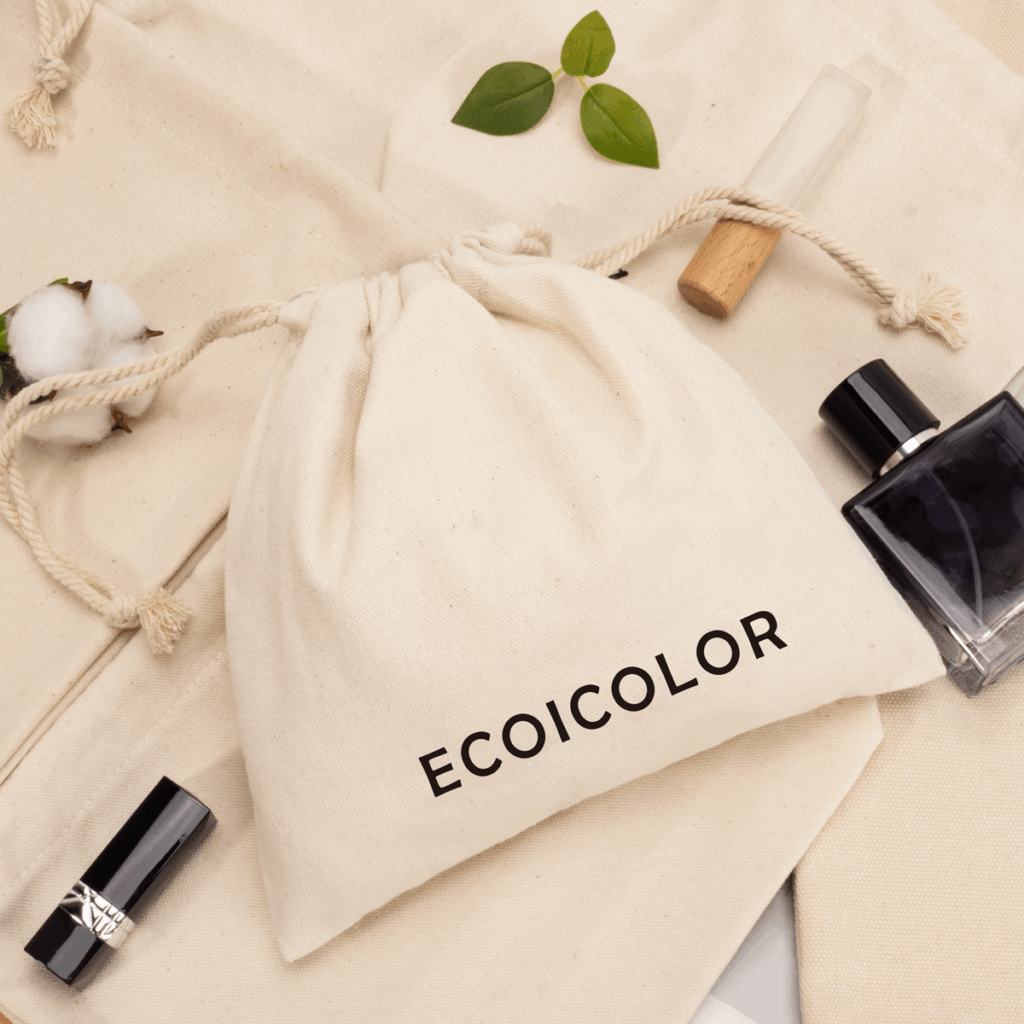 Custom cotton drawstring pouch with ECOICOLOR logo, sustainable cosmetic packaging manufacturer in China