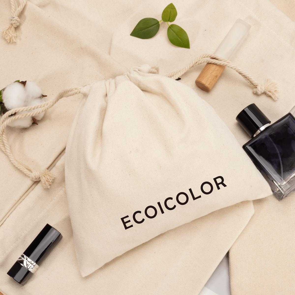 Custom cotton drawstring pouch with ECOICOLOR logo, sustainable cosmetic packaging manufacturer in China