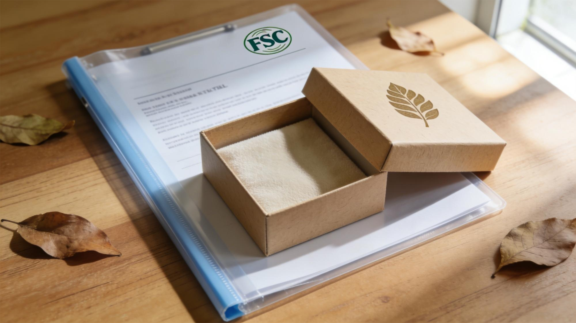A certified document for FSC paper next to a sustainable jewelry box