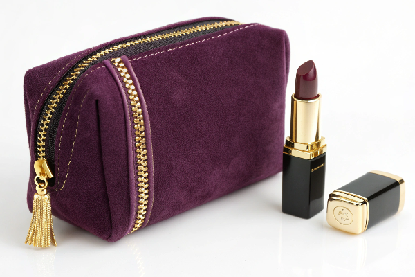 a beautifully designed custom velvet cosmetic pouch next to a luxury product