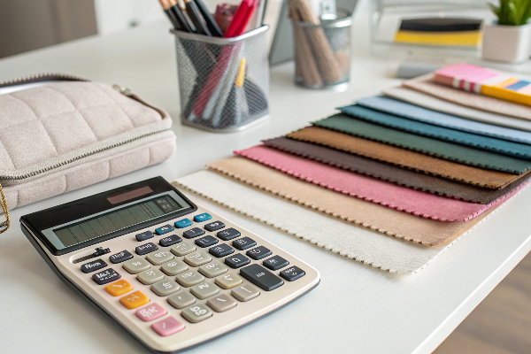 A calculator and fabric swatches on a desk, representing the financial planning of a makeup bag business