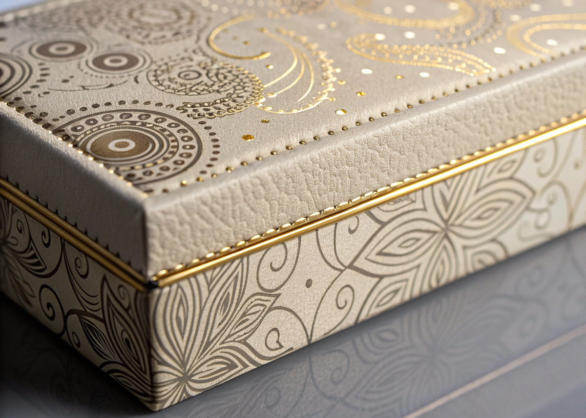 A close-up shot showing detailed finishes on a cosmetic box, like gold foil stamping and deep embossing on vegan leather.