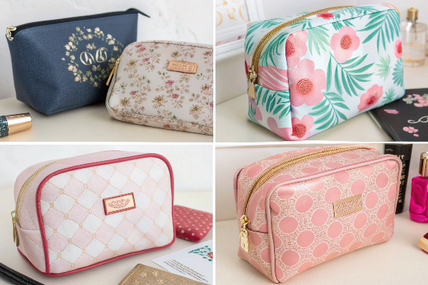 A collage of different successful GWP makeup bags from various beauty brands