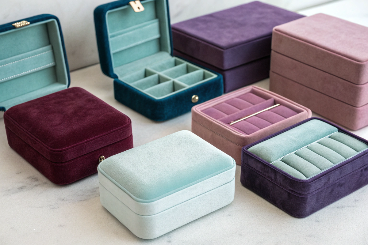 A collage of velvet and leatherette jewelry boxes in various colors.