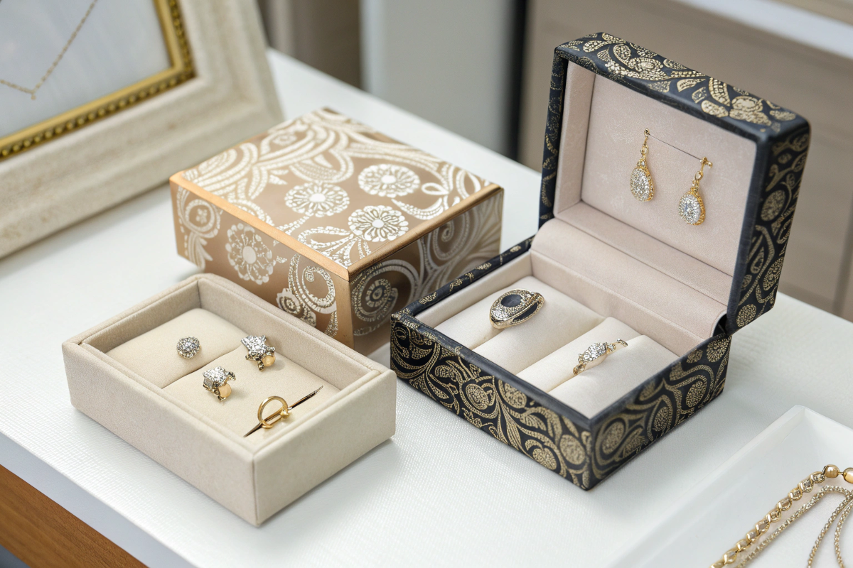 A collection of different sized jewelry boxes for rings, earrings, and necklaces