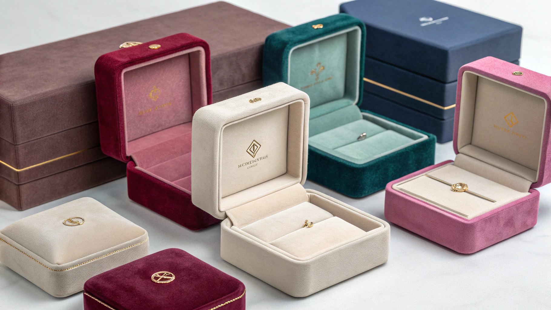 A collection of luxurious custom jewelry boxes in various colors and materials.