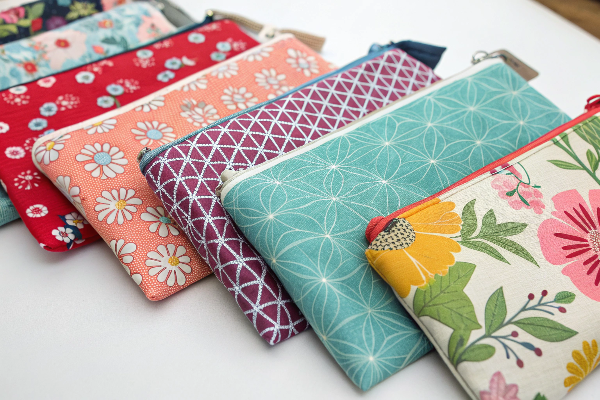 A colorful array of fabric swatches for makeup bags