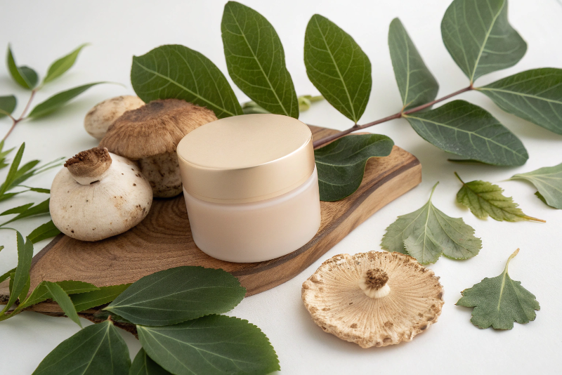 A conceptual image of a cosmetic package seamlessly integrated with natural elements like leaves and mushroom mycelium textures.