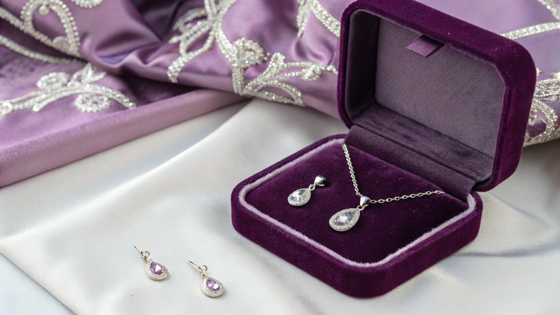 A custom-fit velvet insert holding a necklace and earrings perfectly in place inside a jewelry box.