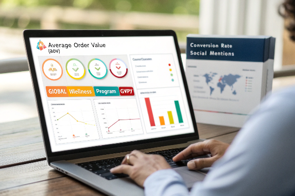 A dashboard showing key metrics like AOV, conversion rate, and social mentions for a GWP campaign