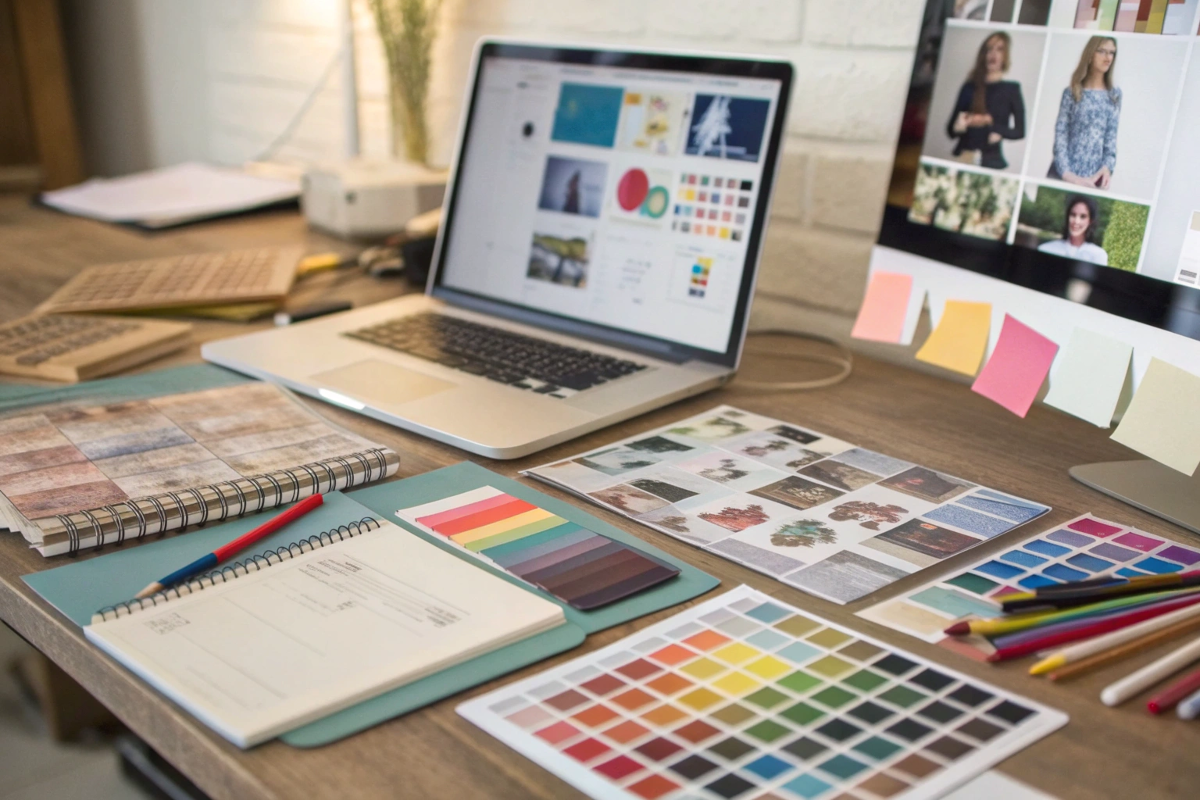 A designer's desk showing a mood board, material swatches, product samples, and a computer with design software.