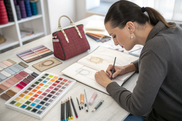 Designer sketching a custom makeup bag design for sourcing