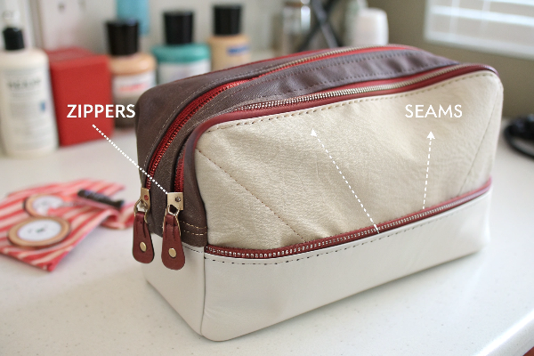 A diagram showing the stress points of a cosmetic bag like zippers and seams