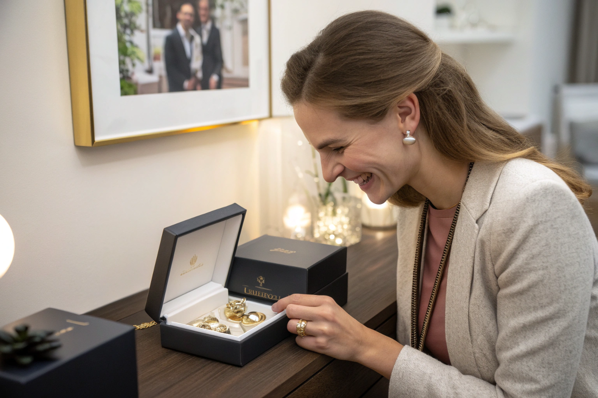 A customer happily unboxing a luxury jewelry box.