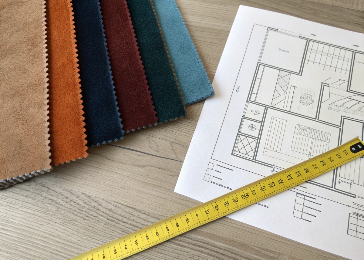 A flat lay of material swatches (vegan leather, rPET velvet), a tape measure, and a blueprint of a box design.