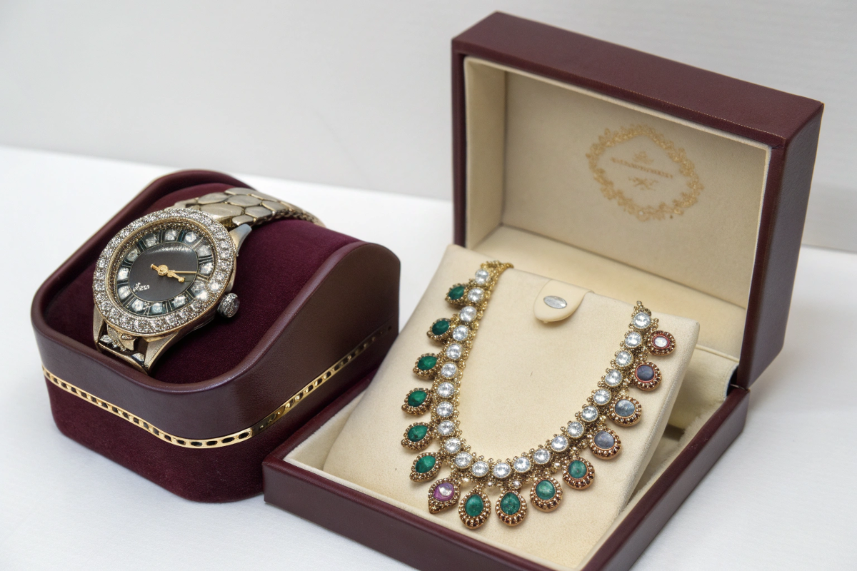 A luxury watch in a leatherette box next to a vintage necklace in a velvet box.
