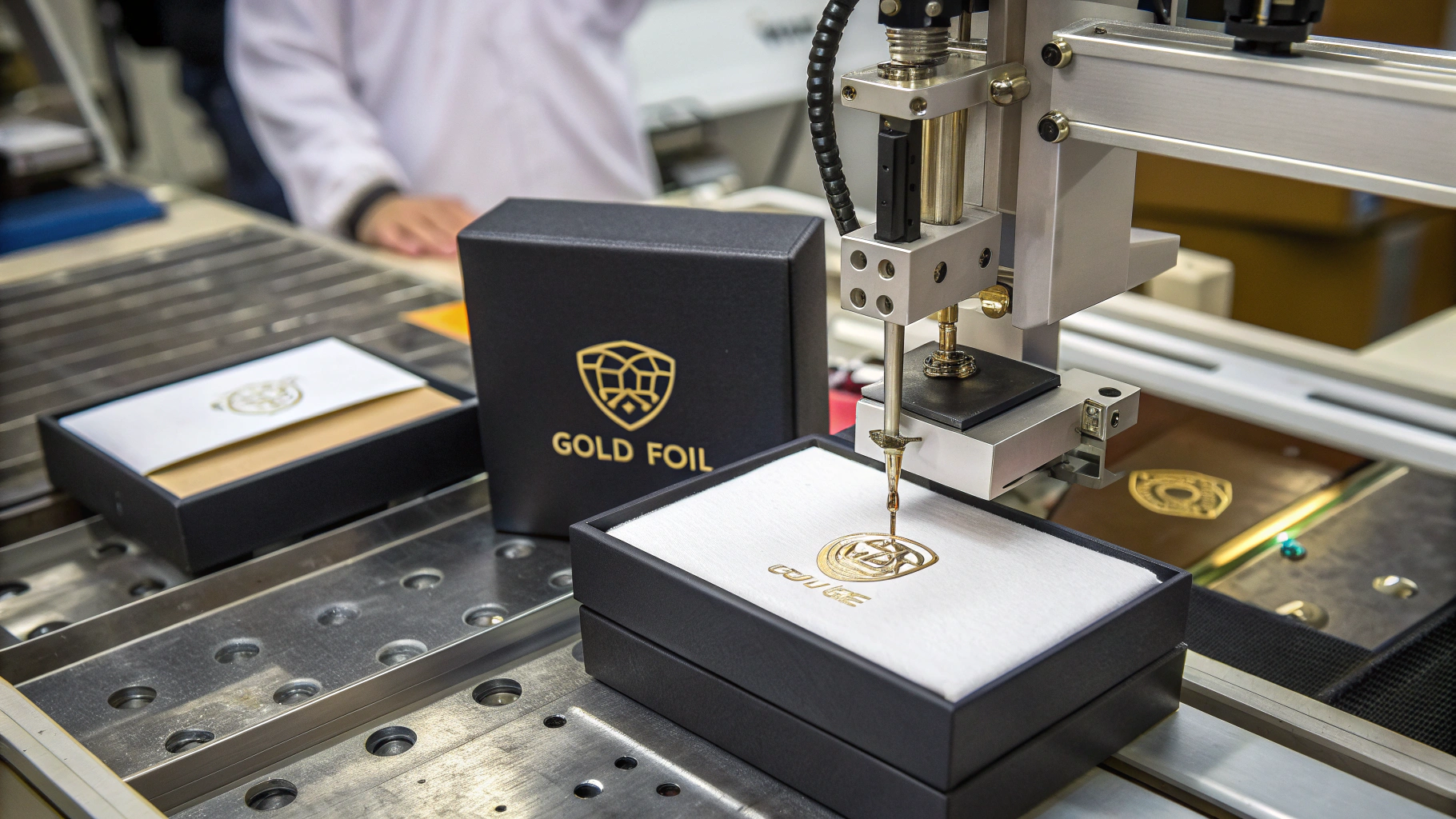 A designer applying a hot-stamped gold foil logo to a custom jewelry box.